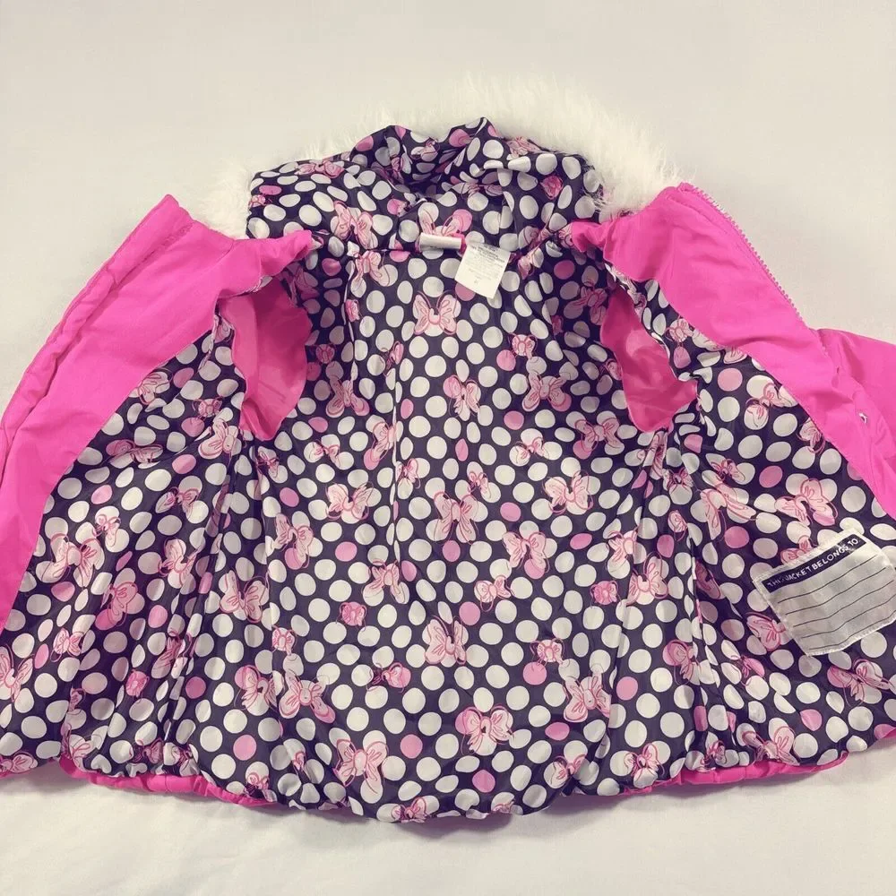 Disney Minnie Puffer Jacker Girl Size 4T‎ Pink Hooded Long Sleeve Full Zipper